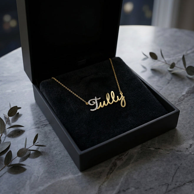 Personalized 14K Gold Freestyle Script Pendant with Diamonds on First Letter