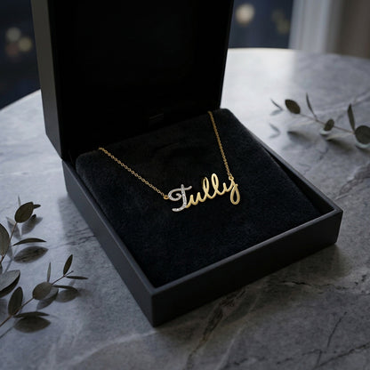Personalized 14K Gold Freestyle Script Pendant with Diamonds on First Letter