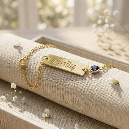 Personalized 14K Gold ID Tag Bracelet with Birthstone