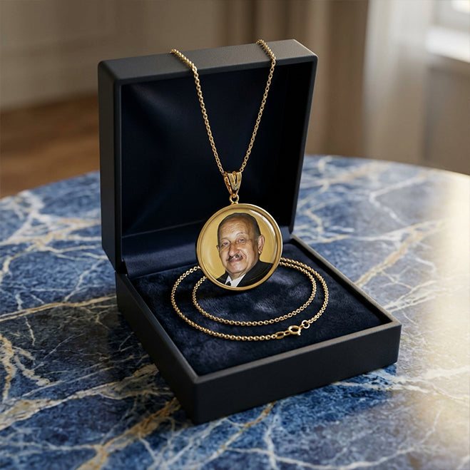 Personalized 14K Gold Picture Pendant - Round Shape with Mineral Crystal