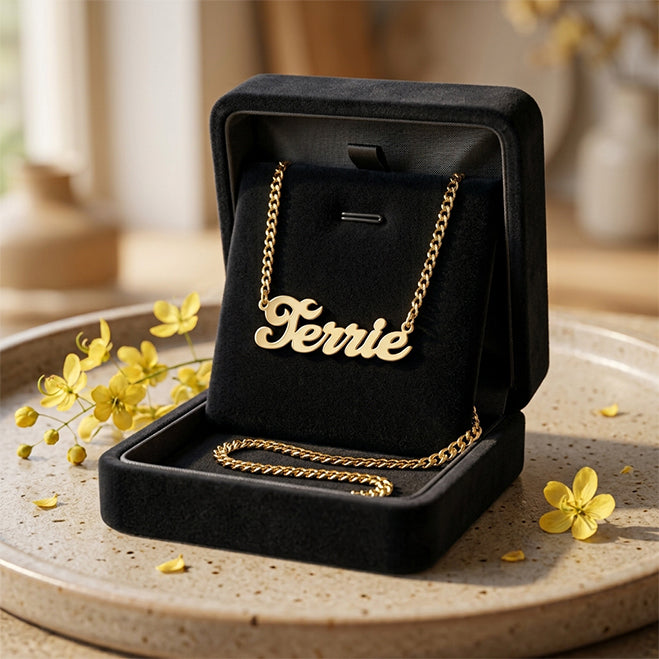 Personalized 14K Gold Script Text Nameplate Necklace with Curb Chain