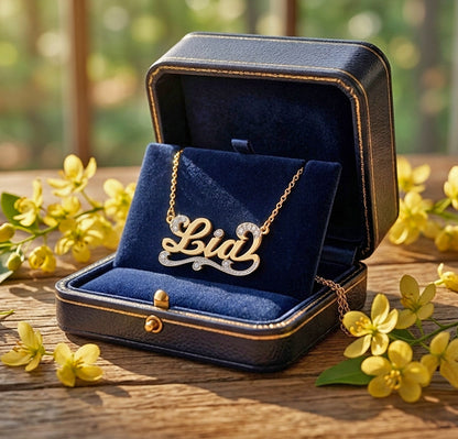 Personalized 14K Gold and Diamond Name Necklace with Flourish