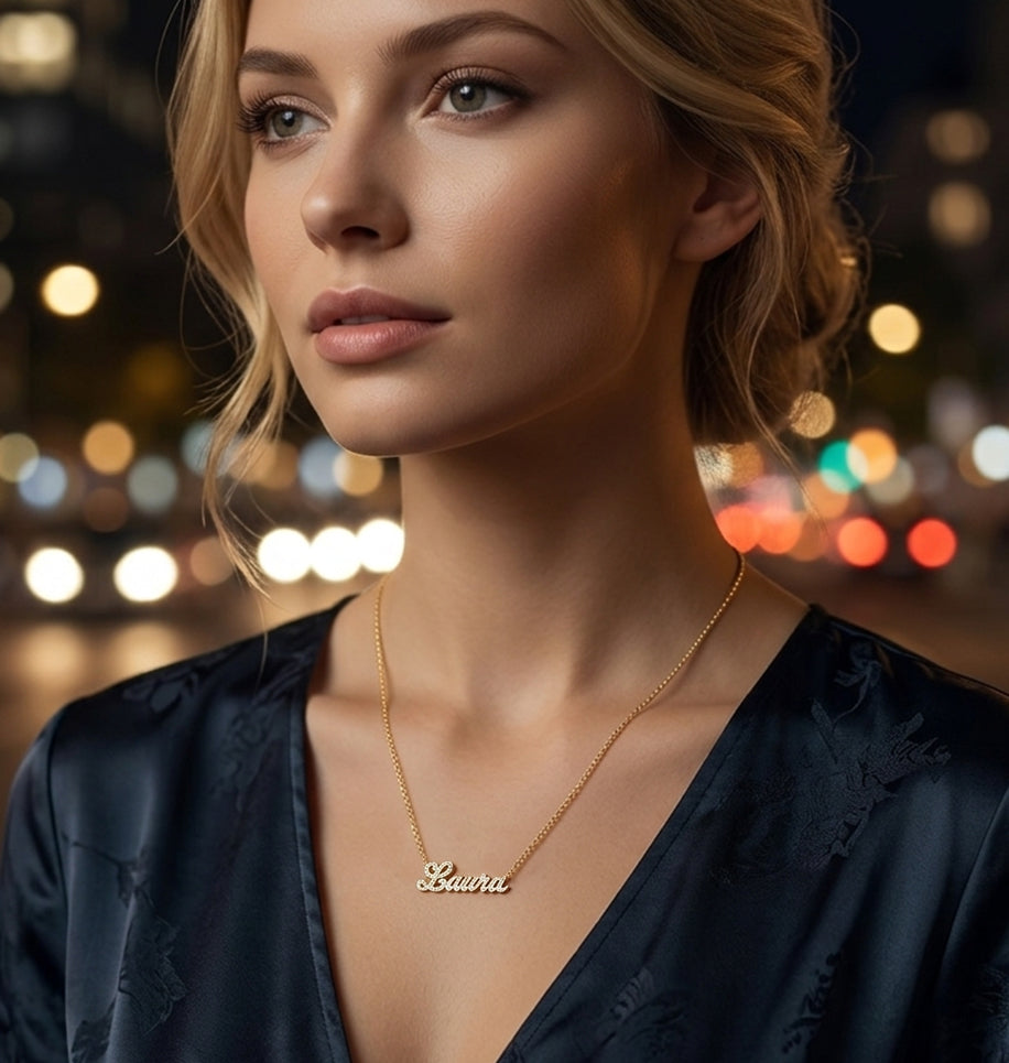 Personalized 14K Gold and Diamond Script Nameplate Necklace