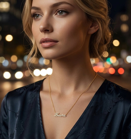 Personalized 14K Gold and Diamond Script Nameplate Necklace