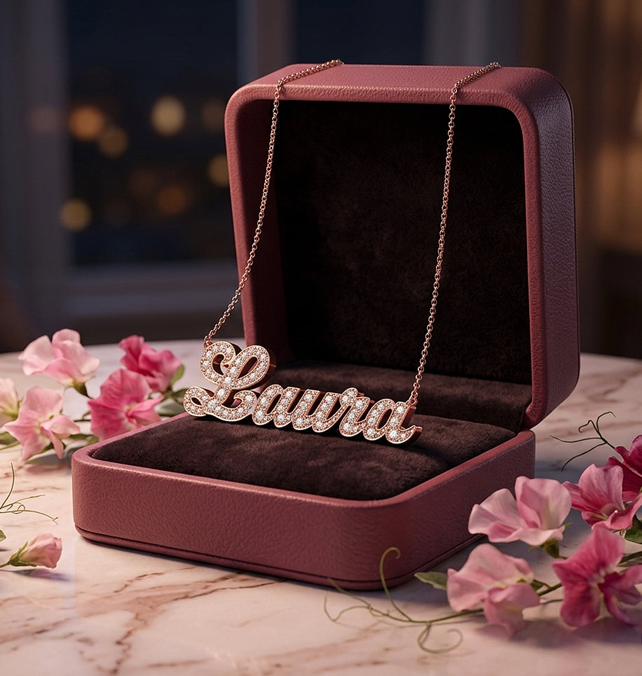 Personalized 14K Gold and Diamond Script Nameplate Necklace