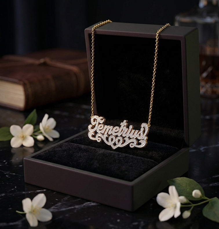 Personalized 14K Gold and Diamonds Name Plate | Dual Plate Heart