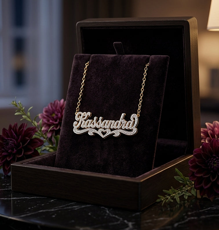 Personalized 14K Gold and Diamonds Name Plate | Dual Plate Heart
