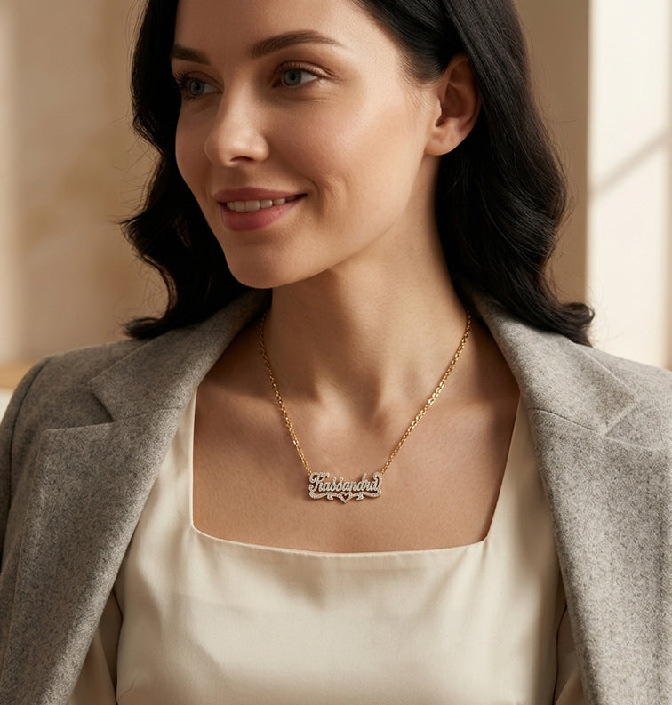 Personalized 14K Gold and Diamonds Name Plate | Dual Plate Heart
