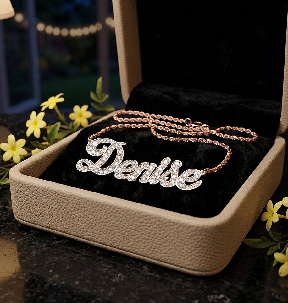 Personalized 14K Gold and Full Diamonds Name Plate | Rope Chain