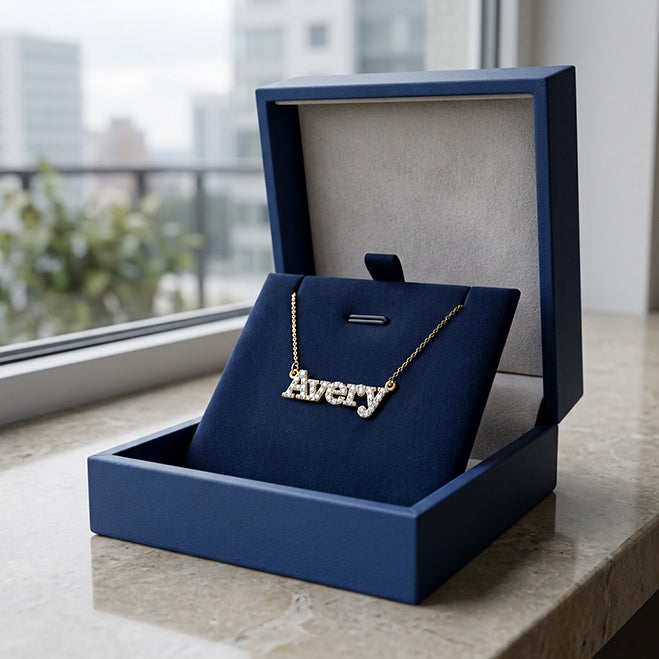 Personalized 14K Gold and Pave Diamonds Block Text