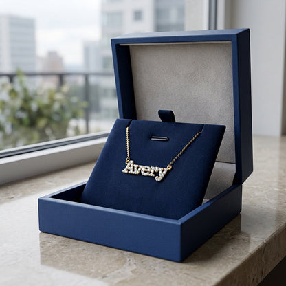 Personalized 14K Gold and Pave Diamonds Block Text