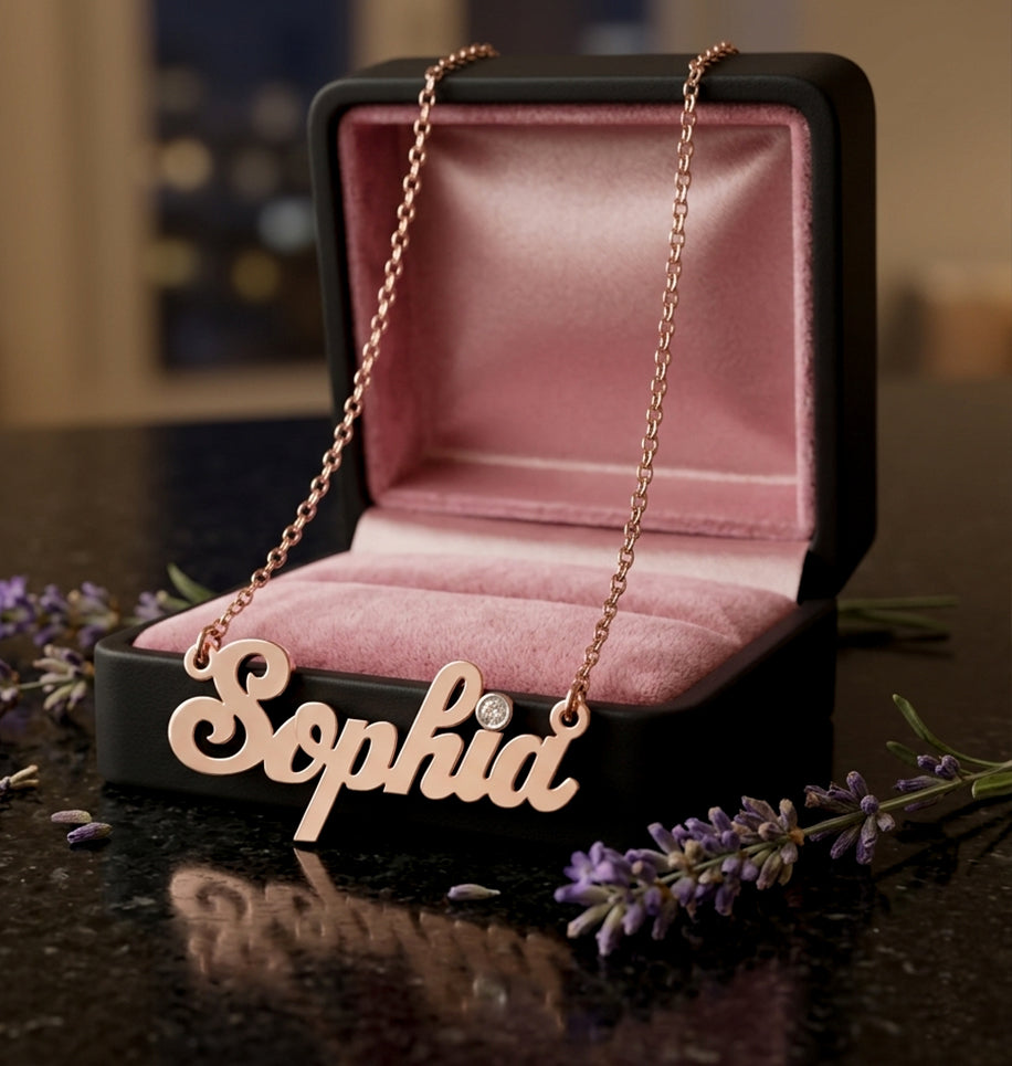 Personalized 14K Gold with Accent Diamond Script Text Nameplate Necklace