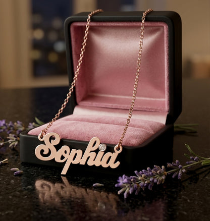 Personalized 14K Gold with Accent Diamond Script Text Nameplate Necklace