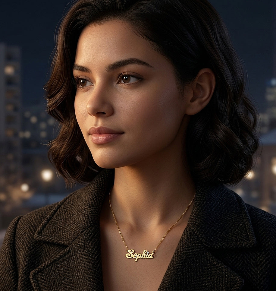 Personalized 14K Gold with Accent Diamond Script Text Nameplate Necklace