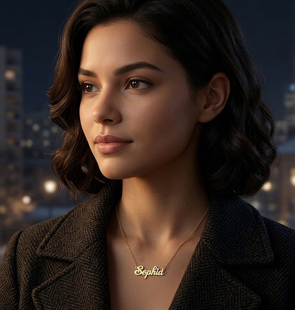 Personalized 14K Gold with Accent Diamond Script Text Nameplate Necklace