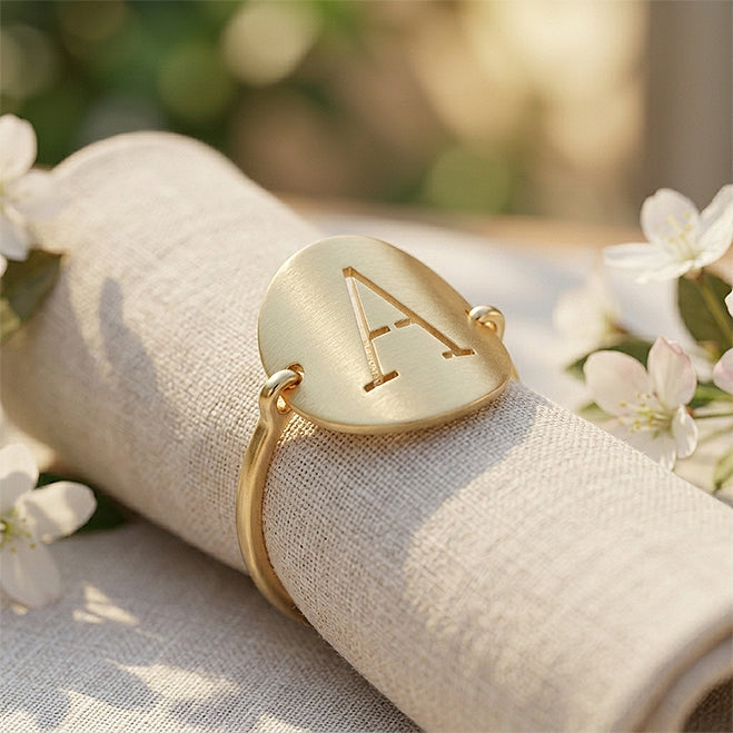 Personalized 14k Gold Single Punchout Block Initial Wire Ring with Matte Finish