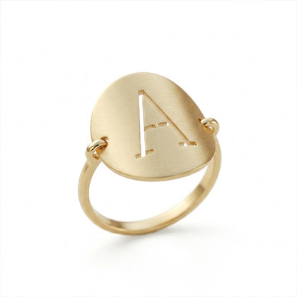 Personalized 14k Gold Single Punchout Block Initial Wire Ring with Matte Finish