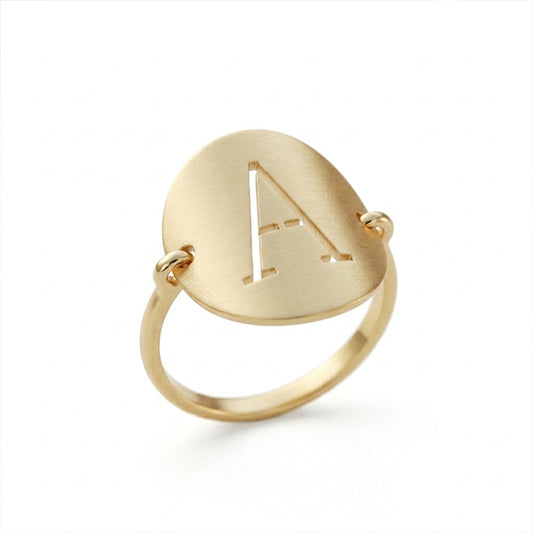 Personalized 14k Gold Single Punchout Block Initial Wire Ring with Matte Finish