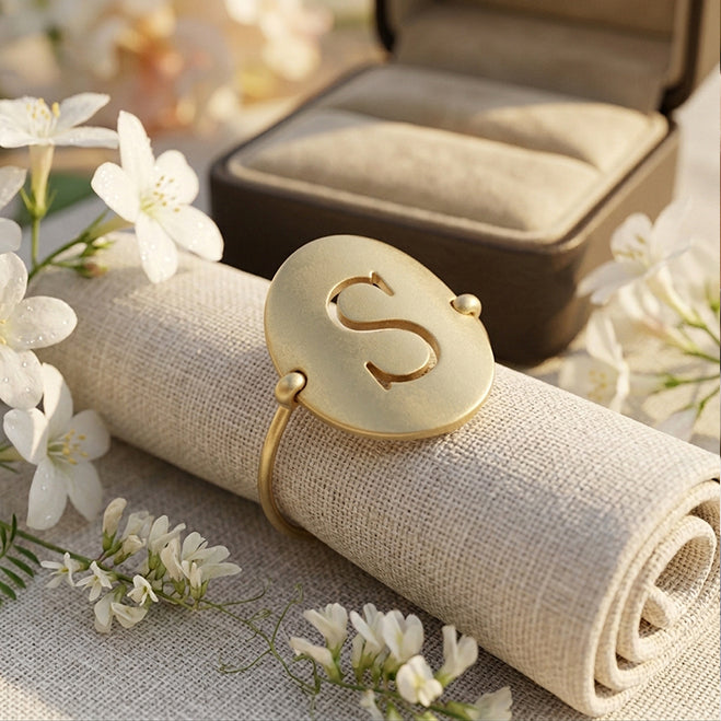 Personalized 14k Gold Single Punchout Script Initial Wire Ring with Matte Finish