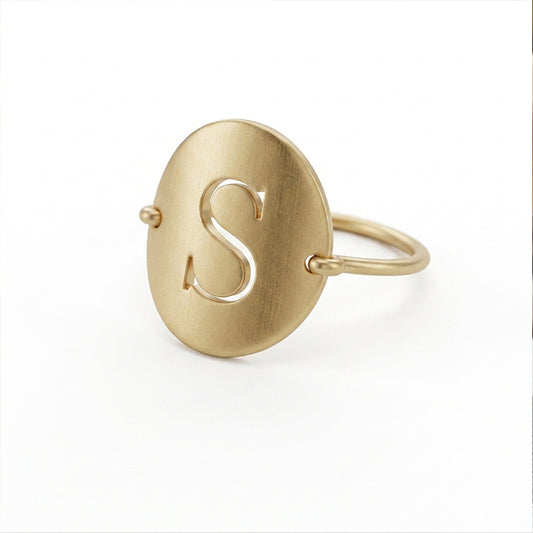 Personalized 14k Gold Single Punchout Script Initial Wire Ring with Matte Finish