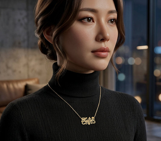 Personalized 14kt. Gold Nameplate Necklace with Flower Flourish | Florentine Finish
