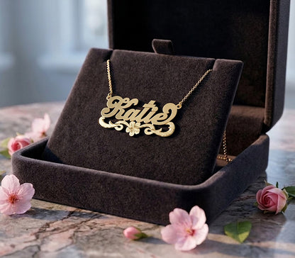 Personalized 14kt. Gold Nameplate Necklace with Flower Flourish | Florentine Finish
