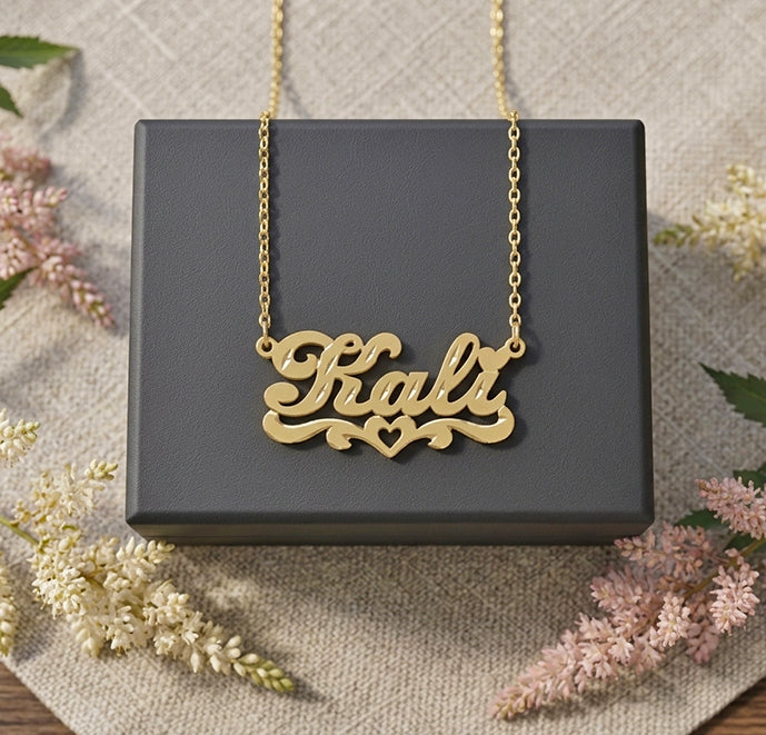 Personalized 14kt. Gold Nameplate Necklace with Heart Flourish