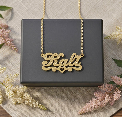 Personalized 14kt. Gold Nameplate Necklace with Heart Flourish