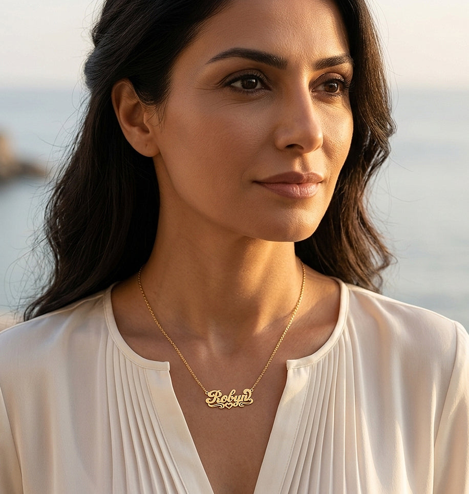 Personalized 14kt. Gold Nameplate Necklace with Heart Flourish | Florentine Finish