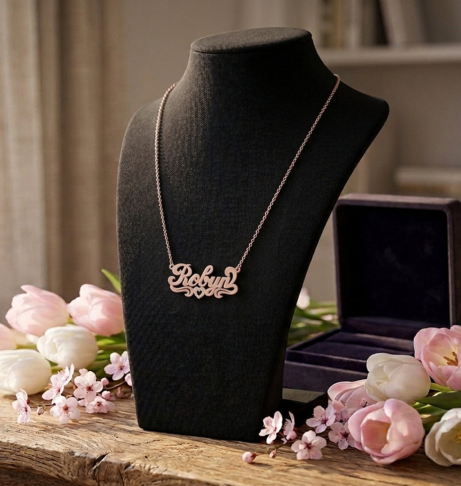 Personalized 14kt. Gold Nameplate Necklace with Heart Flourish | Florentine Finish