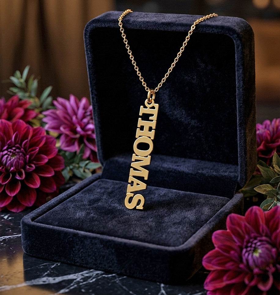 "Custom"  Personalized 14kt. Gold Vertical Nameplate Pendant | Serif Text