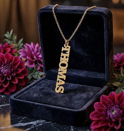 "Custom"  Personalized 14kt. Gold Vertical Nameplate Pendant | Serif Text