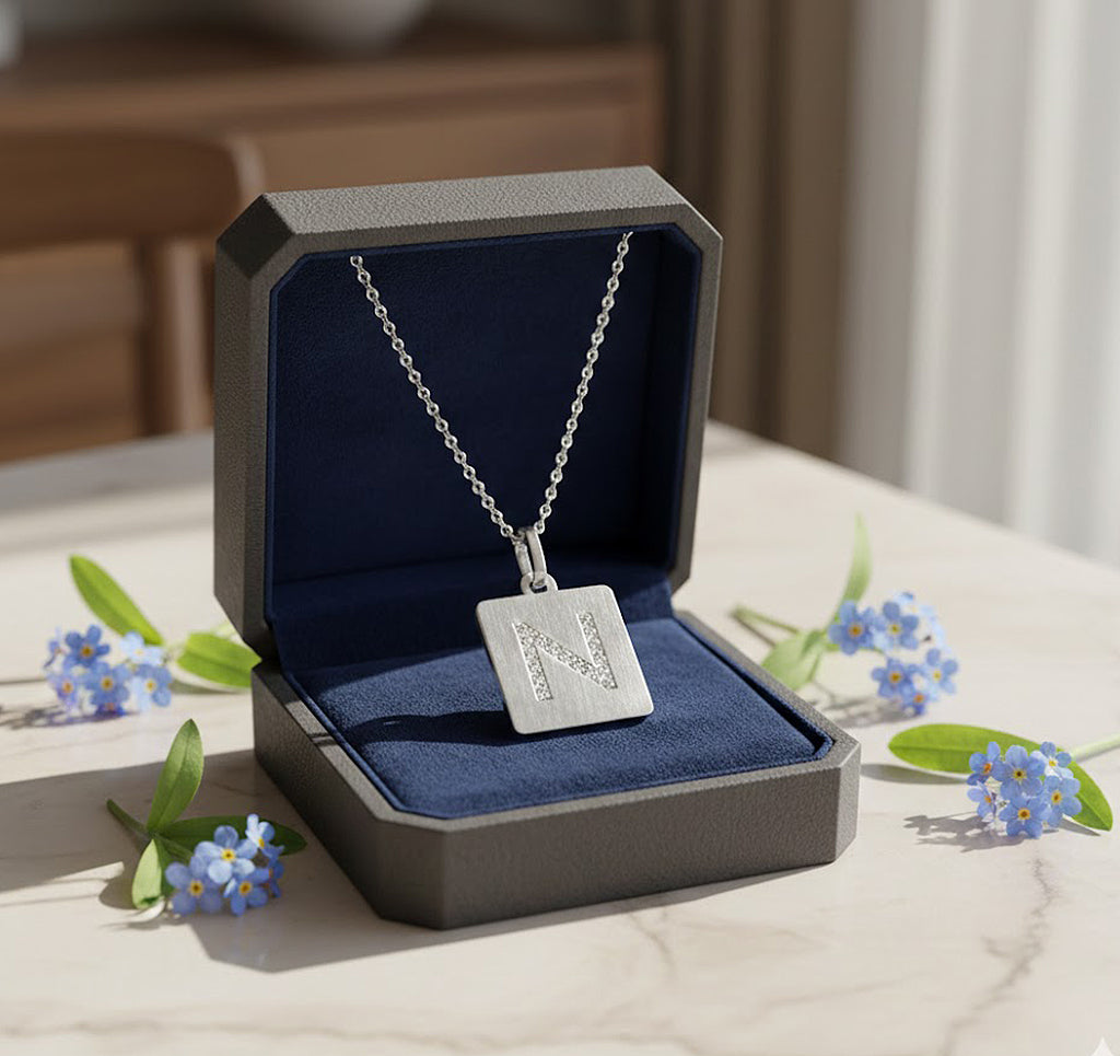 Personalized 14kt. Gold and Diamond Initial Square Pendant