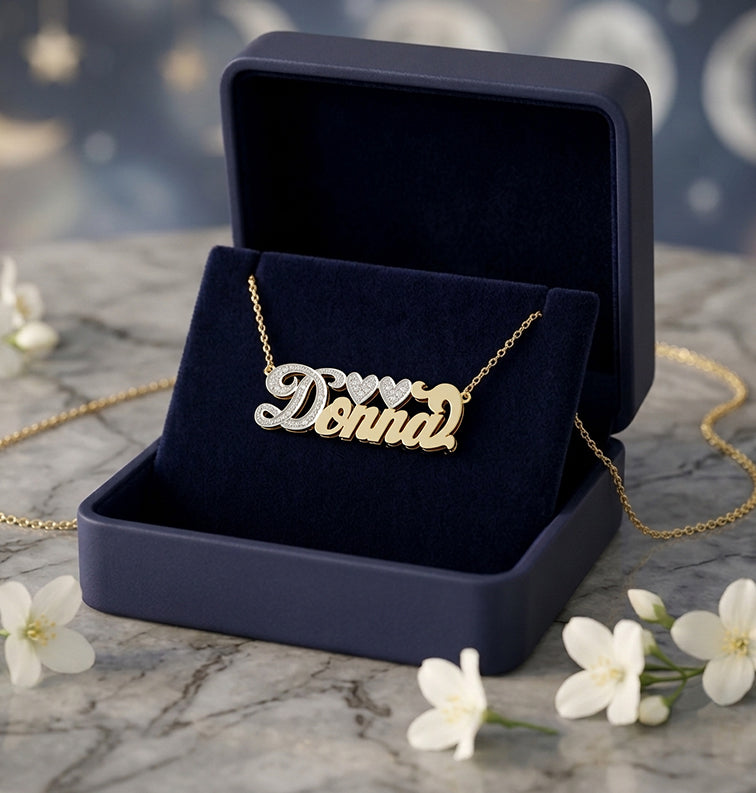 Personalized 14kt. Gold and Diamond Initialed Name Necklace | Double Heart