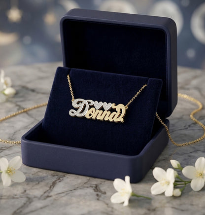 Personalized 14kt. Gold and Diamond Initialed Name Necklace | Double Heart