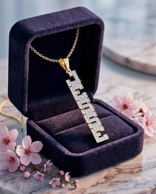 Personalized 14kt. Gold and Diamonds Vertical Nameplate Pendant | Block text