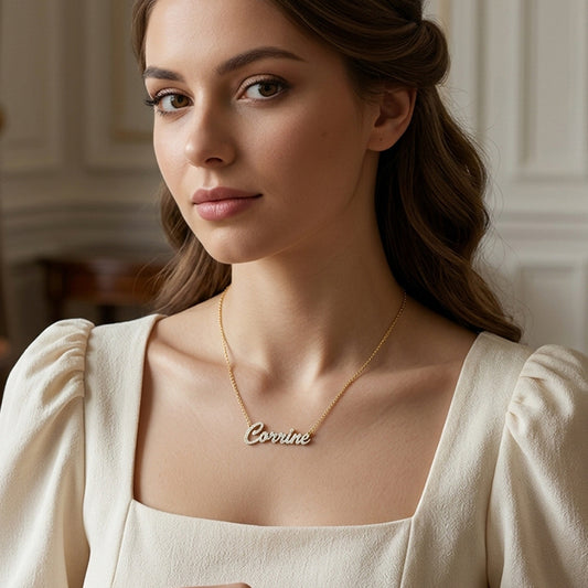 Personalized All Diamonds and 14kt. Gold Script Nameplate Necklace