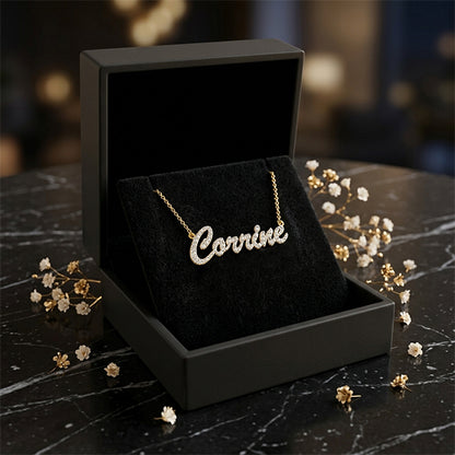 Personalized All Diamonds and 14kt. Gold Script Nameplate Necklace