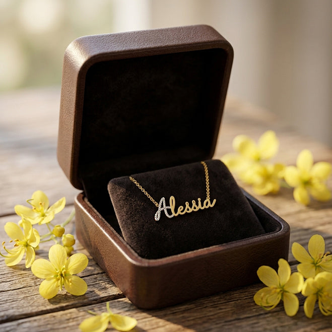 Personalized Name Pendant Necklace with Diamonds an High Polished 14K Gold