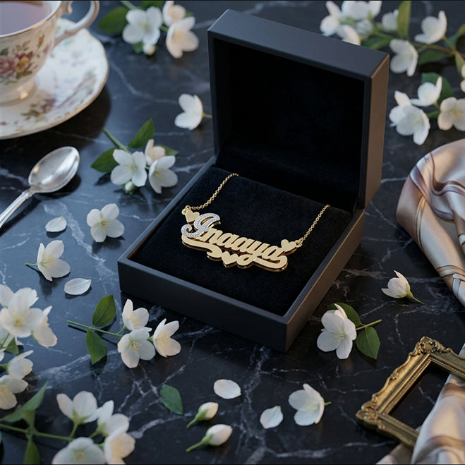 Personalized Shadow Box Name Plate with First Initial Rhodium Sparkled in 14K Gold
