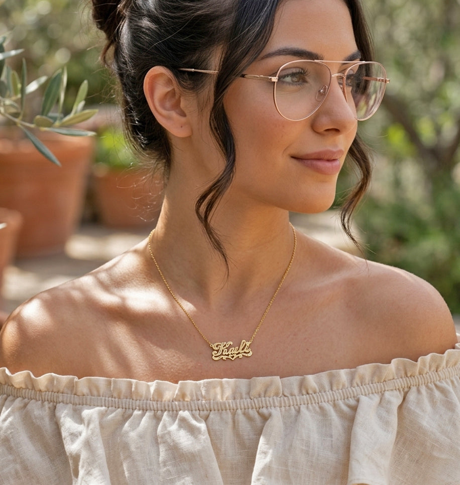 Personalized Sterling Silver Nameplate Necklace with Heart Flourish
