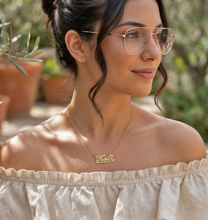 Personalized Sterling Silver Nameplate Necklace with Heart Flourish