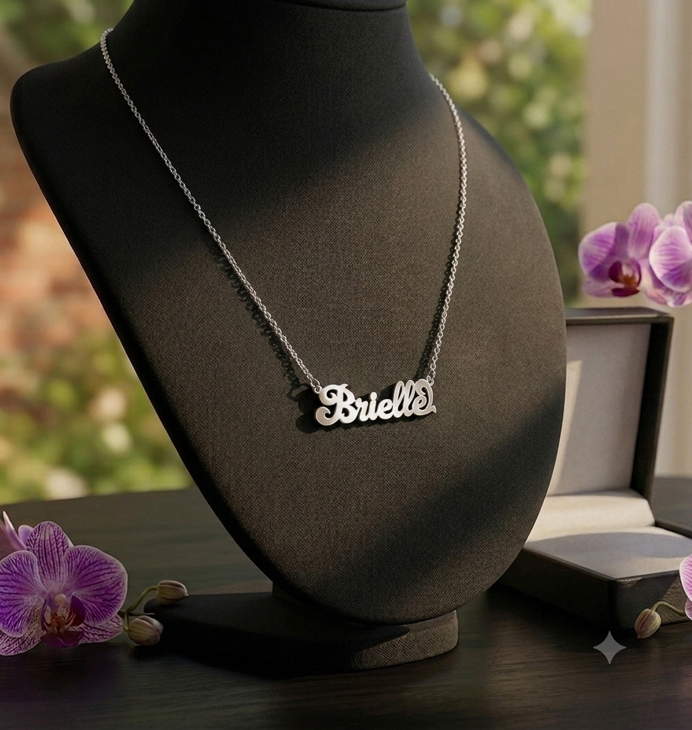 Personalized Sterling Silver Script Text Nameplate Necklace | Extra Thick Plate