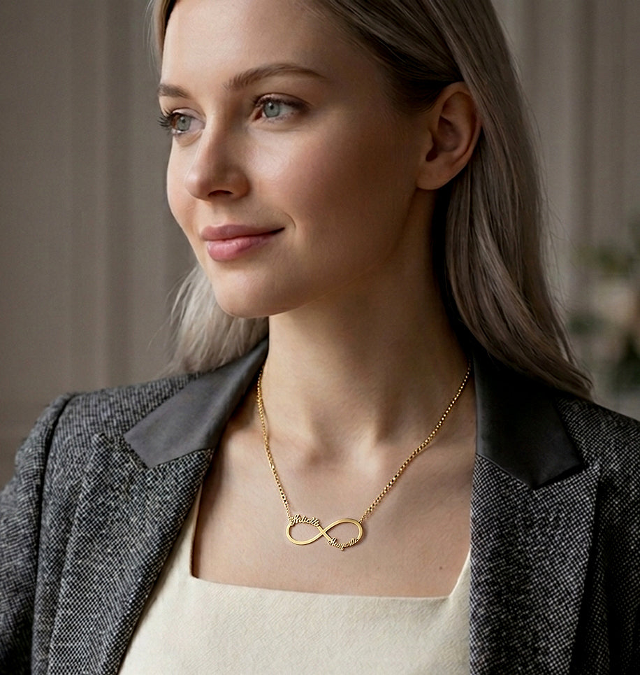 Personalized Two-Name Infinity Necklace in Solid 14k Gold | Available in 3 Sizes and 3 Gold Colors!