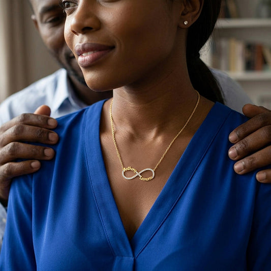 Personalized Two-Name Infinity Necklace in Solid 14k Gold and Diamonds