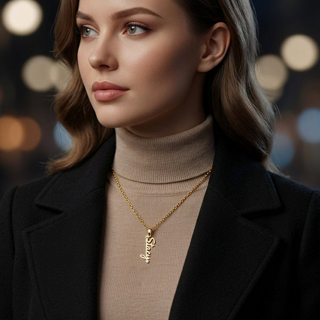 Personalized Vertical Name Pendant with Diamond in High Polished 14K Gold