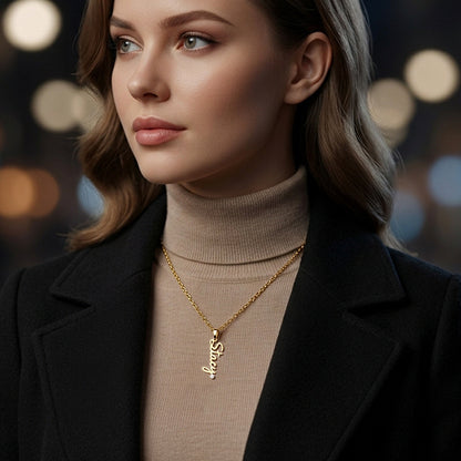 Personalized Vertical Name Pendant with Diamond in High Polished 14K Gold
