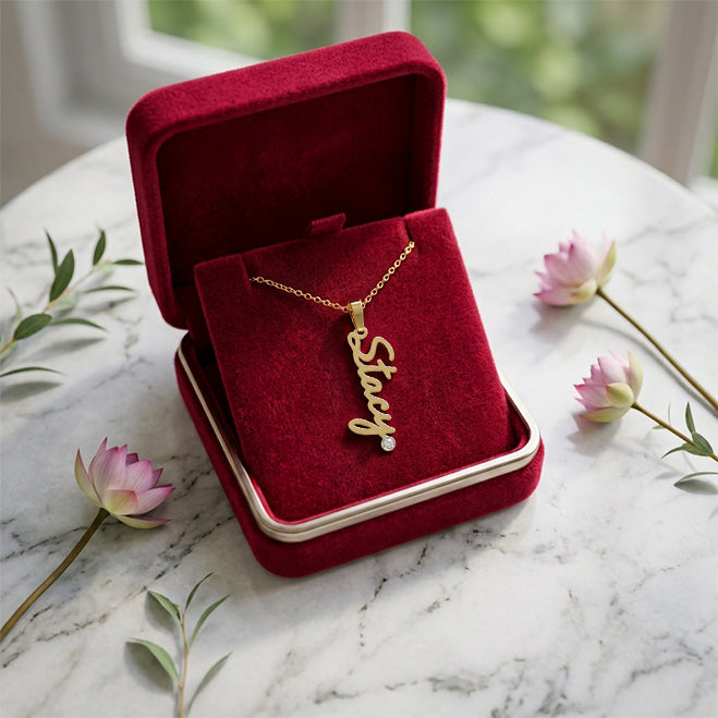 Personalized Vertical Name Pendant with Diamond in High Polished 14K Gold
