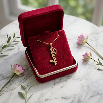Personalized Vertical Name Pendant with Diamond in High Polished 14K Gold