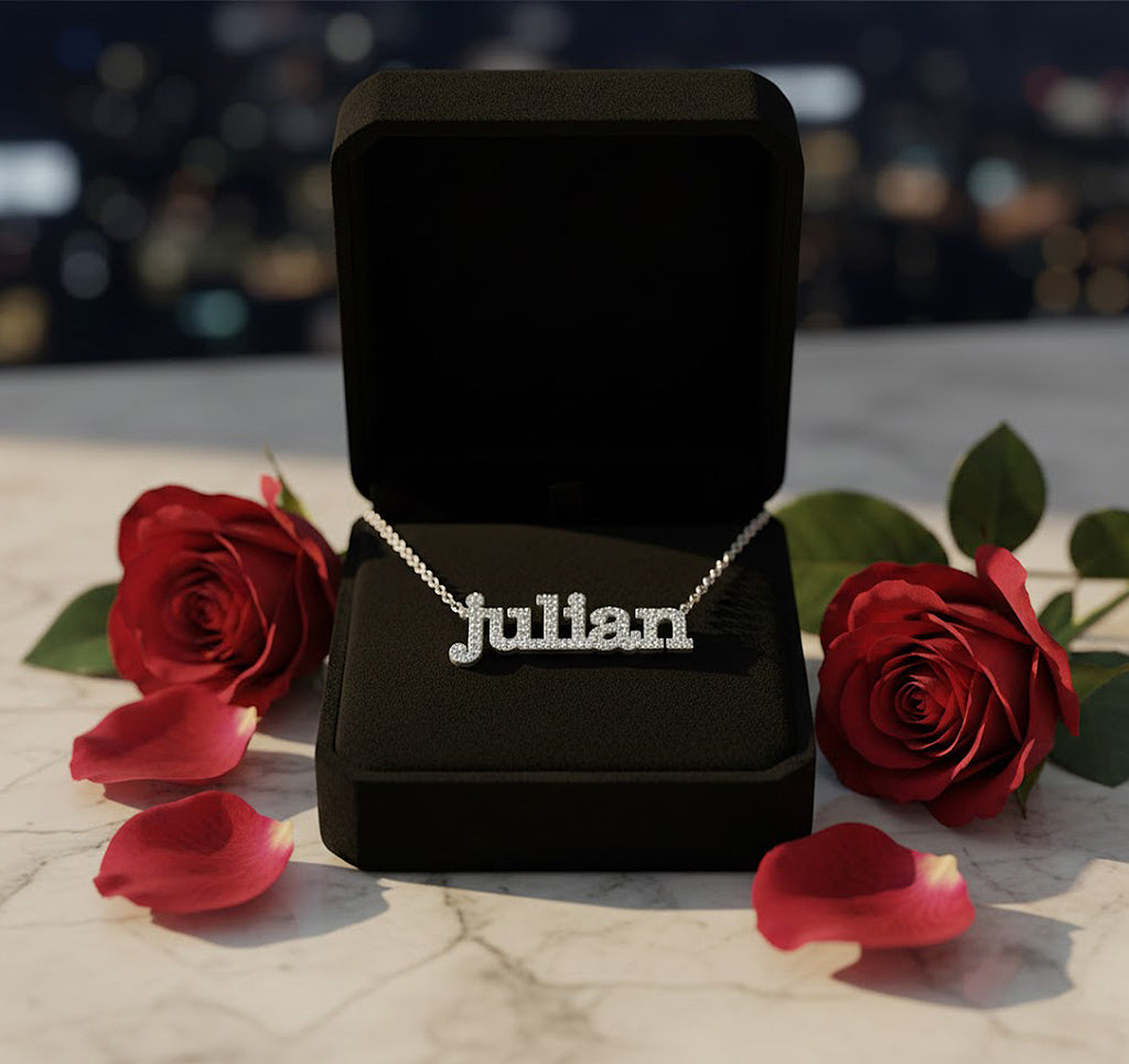 Personalized 14K Gold and Diamond Pave Name Necklace | Block Type